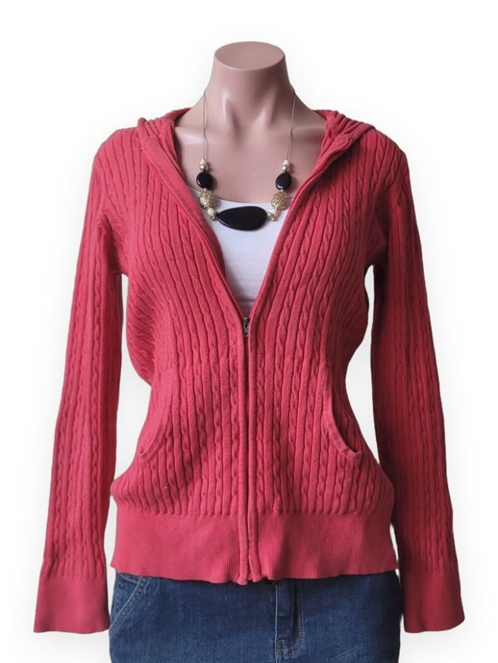 Denver Hayes Red Cable Knit Slim Hooded Zip Up Sweater (M)